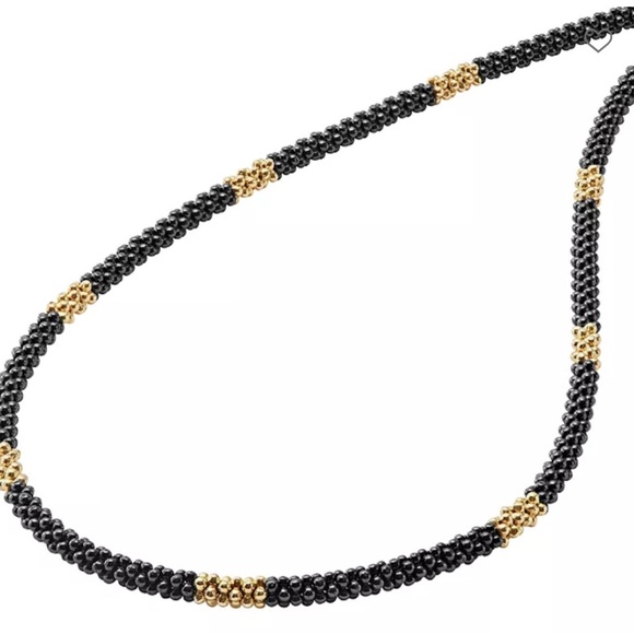 LAGOS Gold & Black Caviar 18K Gold & Ceramic Long Station Necklace 16" - Picture 6 of 6